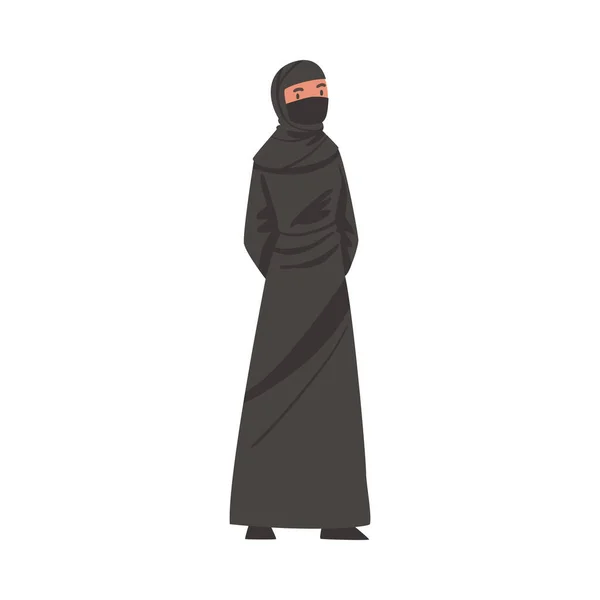 Perempuan Arab Berdiri dalam Pakaian Muslim Tradisional dan Ilustrasi Garmen Mengalir Panjang - Stok Vektor