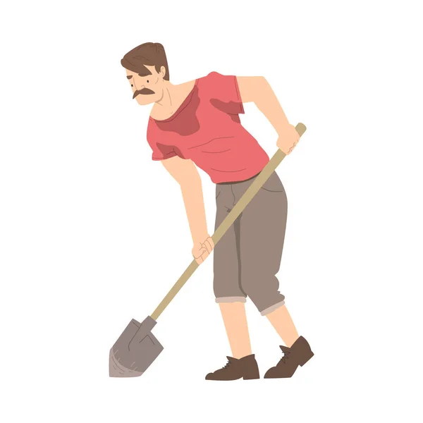 Moustached Man Régész lapáttal Dolgozik ásatások keresése régészeti maradványok vektor illusztráció — Stock Vector