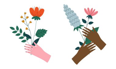 İnsan El Tutma Buketi veya Çiçek Açan Vektör Kümesi