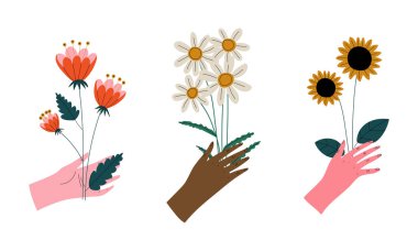 İnsan El Tutma Buketi veya Çiçek Açan Vektör Kümesi
