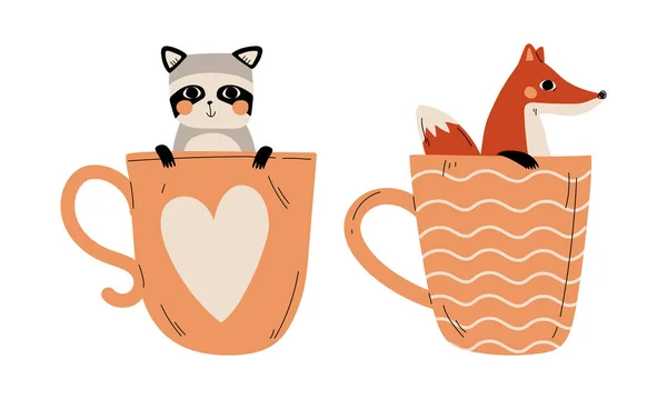 Cute Red Cheeked Raccoon and Fox Animal Sitting in Mug Vector Set — Stock Vector