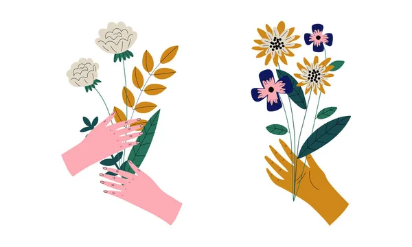 Human Hand Holding Bouquet or Bunch of Blooming Flowers Vector Set — Stock Vector