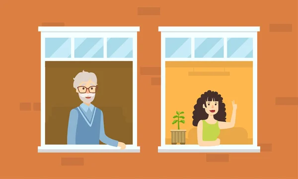 Senior man och ung kvinna karaktär tittar ut från öppna fönster vektor illustration — Stock vektor