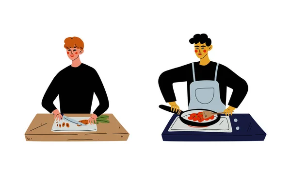 Ung man matlagning i köket hacka morot med kniv och steka något vektor set — Stock vektor