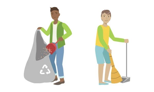 バッグの中でゴミを集める青年ボランティア掃除環境ベクトルセット — ストックベクタ