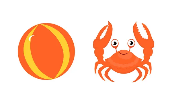 Boule gonflable de plage et crabe rouge avec l'ensemble vectoriel de griffes — Image vectorielle