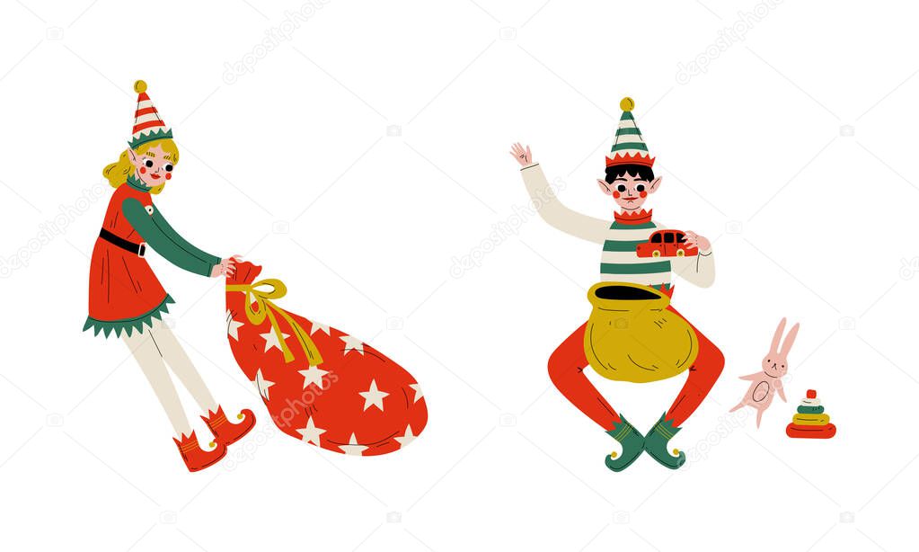 Christmas Elf with Pointy Ears and Hat as Santa Helper with Bag Full of Gift and Present Vector Set