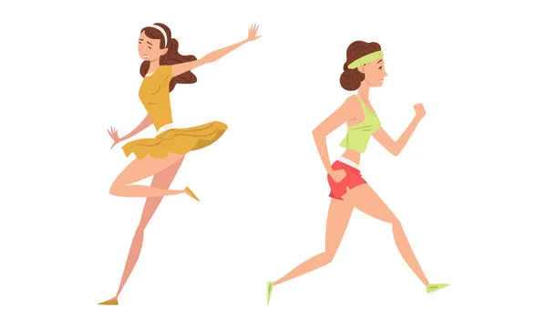 Young Woman in Sportswear Running and Dancing Vector Set — Stock Vector
