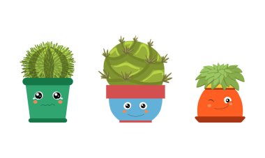 Şirin Succulent Kaktüsü ya da Kaktüs Çiçek saksısında büyüyen Kaktüs Büyüyen Karakter Vektörü