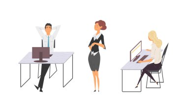 Man and Woman Office Employee at Desk with Computer Working Vector Set clipart