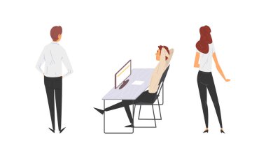 Erkek ve Kadın Ofis Çalışanı, Bilgisayar Çalışan Vektör Ayarlarıyla Masa Başında