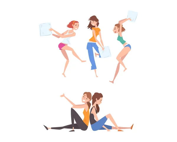 Female Friend Spending Time Together Pillow Fighting and Gossiping Vector Illustration Set — Stock Vector