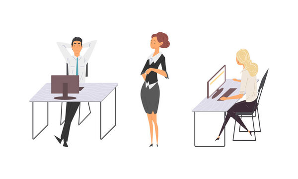 Man and Woman Office Employee at Desk with Computer Working Vector Set