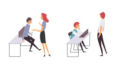 Man and Woman Office Employee at Desk with Computer Working Vector Set clipart