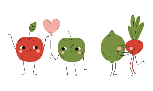 Frutas e legumes corados bonitos beijando e dando coração conjunto de vetor de balão —  Vetores de Stock