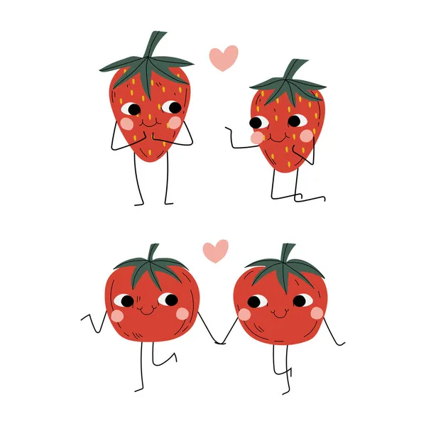 Schattig doorgespoeld fruit en groenten met handen en knielende vectorset — Stockvector