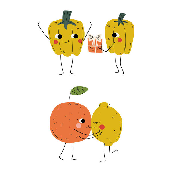 Cute Flushed Fruit and Vegetables Giving Gift Box and Kissing Vector Set