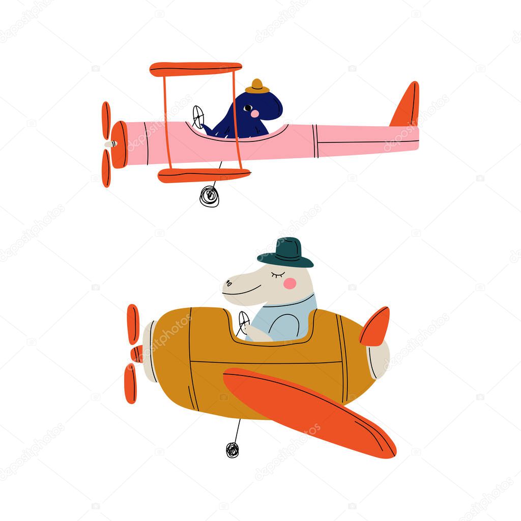 Cute Animal Pilot Flying Retro Plane with Propeller in the Sky Vector Set