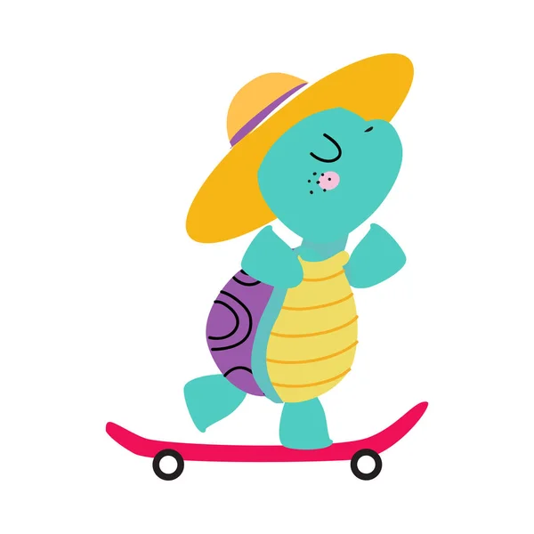 Schattig Afrikaans schildpad dier in stro hoed skateboarden genietend van hete zomer activiteit vector illustratie — Stockvector