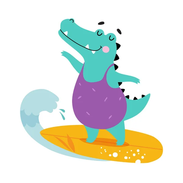Cute African Crocodile Animal in Swimsuit Surfboarding Enjoying Hot Summer Activity Vector Illustration — Stock Vector