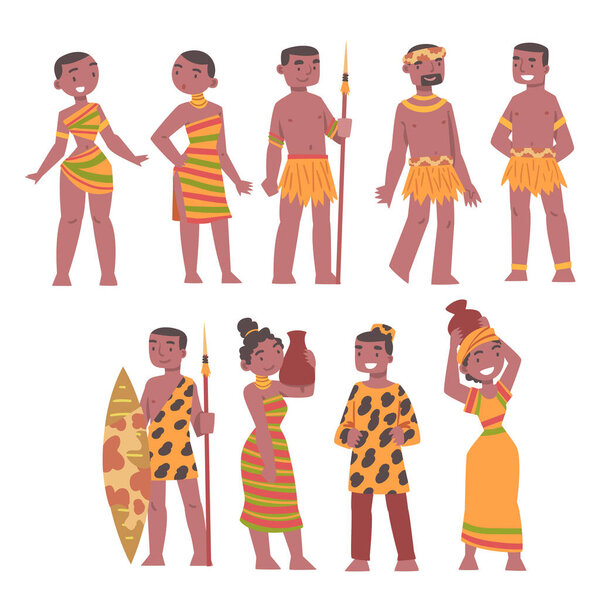 African Aboriginal Man and Woman Dressed in Traditional Tribal Clothing Vector Set