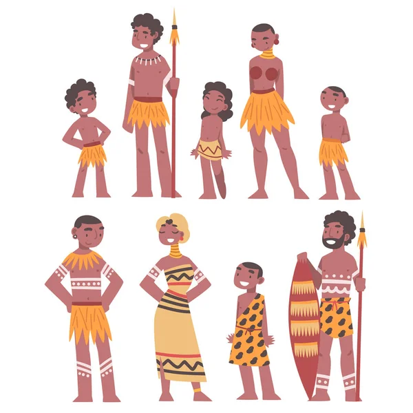 Hombre y mujer aborígenes africanos vestidos con ropa tribal tradicional conjunto de vectores — Vector de stock