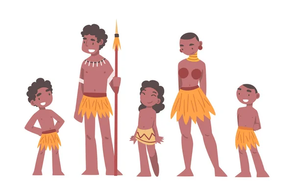 Africká domorodá rodina s otcem, matkou a dětmi oblečené v tradiční kmenové oblečení vektorové ilustrace — Stockový vektor