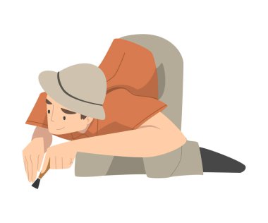 Arkeolojik Kalıntıları Arkeolojik Araştırmada Kazılar Üzerinde Çalışan Fırça Arkeolog Vektör İllüstrasyonu