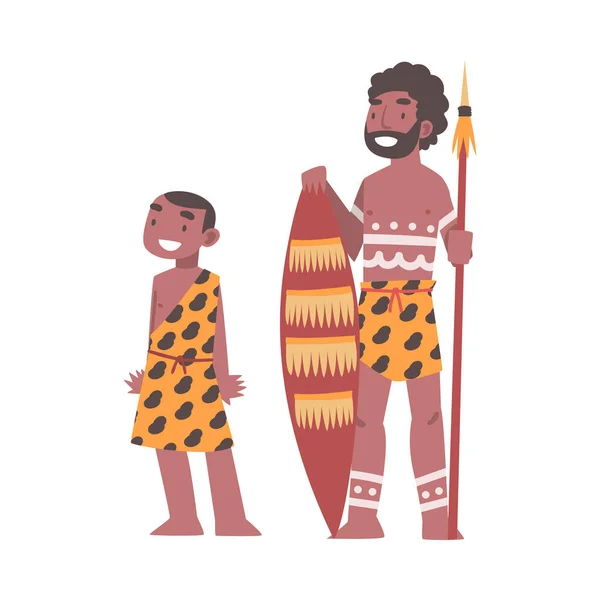 Africano aborigeno uomo padre con suo figlio vestito in tradizionale animale pelle in piedi con lancia e scudo vettoriale illustrazione — Vettoriale Stock