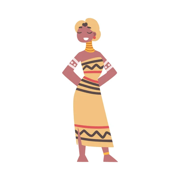 Figur der barfüßigen afrikanischen Aborigine-Frau in traditioneller Stammeskleidung Vector Illustration — Stockvektor