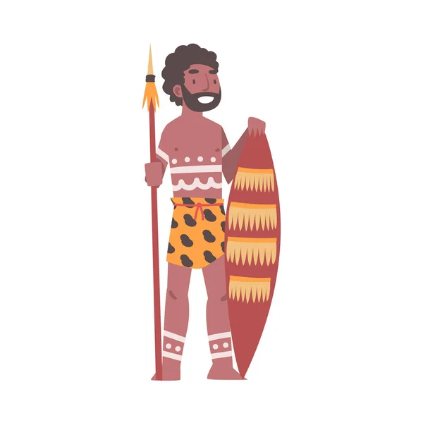 Personnage aborigène africain pieds nus vêtu de vêtements tribaux traditionnels avec illustration vectorielle de lances et de boucliers — Image vectorielle