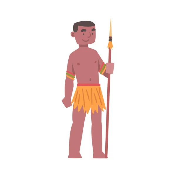 身着传统部落服装的赤脚非洲土著男子形象与矛形图解 — 图库矢量图片