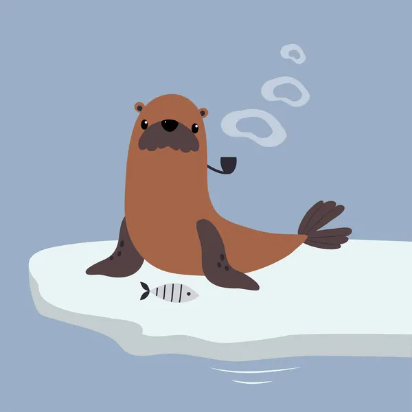 Cute Bearded Seal as Arctic Animal Sitting on Glacier and Smoking Pipe Vector Illustration — Stock Vector