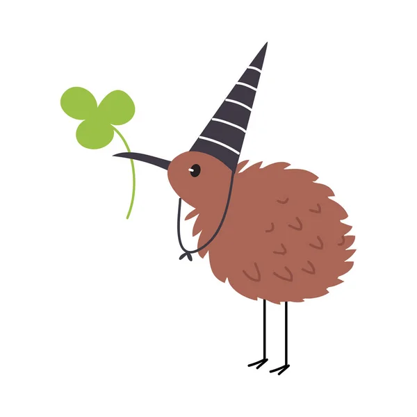 Śmieszne Kiwi Ptak jako australijskie zwierzę noszące stożek kapelusz i gospodarstwa Trefoil z długim dziobem wektor ilustracji. — Wektor stockowy