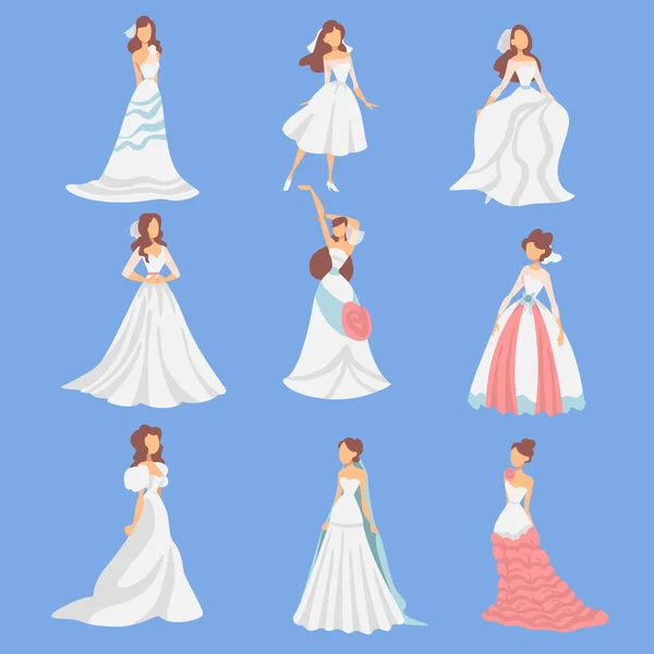 Mariée en robe de mariée blanche debout en tant que femme nouvellement mariée ou juste mariée sur fond bleu ensemble vectoriel — Image vectorielle