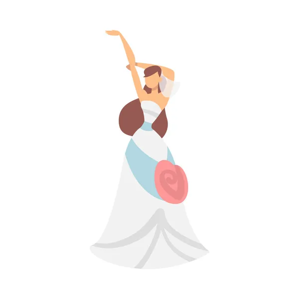 Mariée en robe de mariée blanche avec fleur rose debout comme illustration vectorielle féminine nouvellement mariée ou juste mariée — Image vectorielle