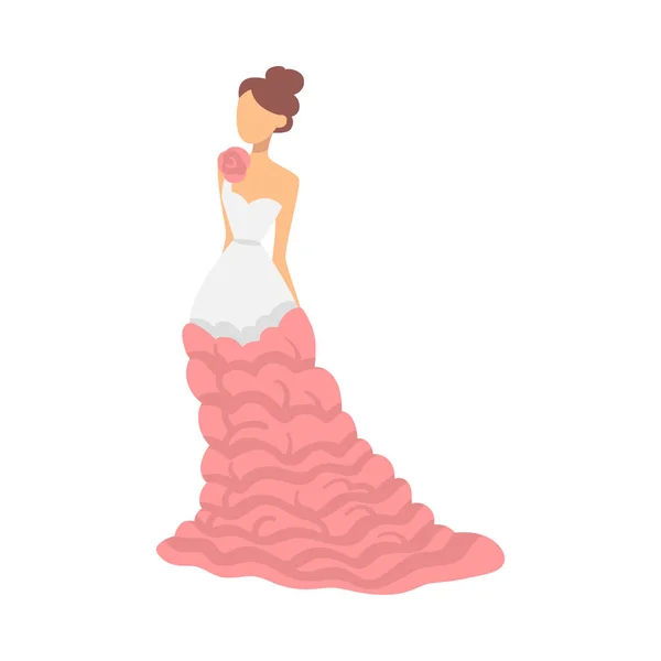Bride in White and Pink Wedding Dress Standing as Newlywed or Just Married Female Vector Illustration — Stock Vector