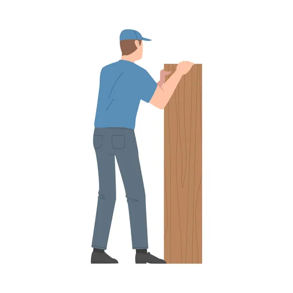 Νεαρός άνδρας σε μπλε καπάκι Συναρμολόγηση και εγκατάσταση ξύλινων επίπλων Εικονογράφηση διάνυσμα — Διανυσματικό Αρχείο