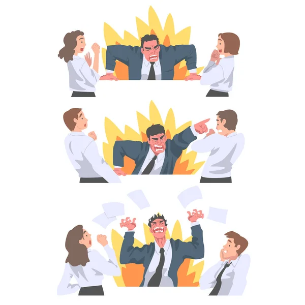 Wütender Chef schreit und brüllt vor Wut auf verängstigten Mitarbeiter — Stockvektor