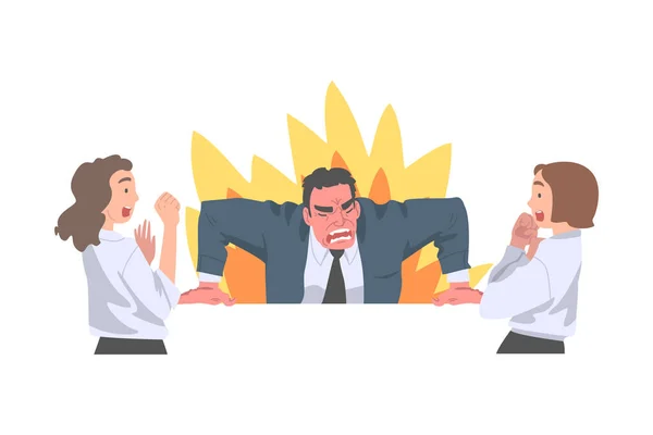 Furioso capo urlando e urlando nella rabbia a spaventato dipendente femminile vettoriale illustrazione — Vettoriale Stock