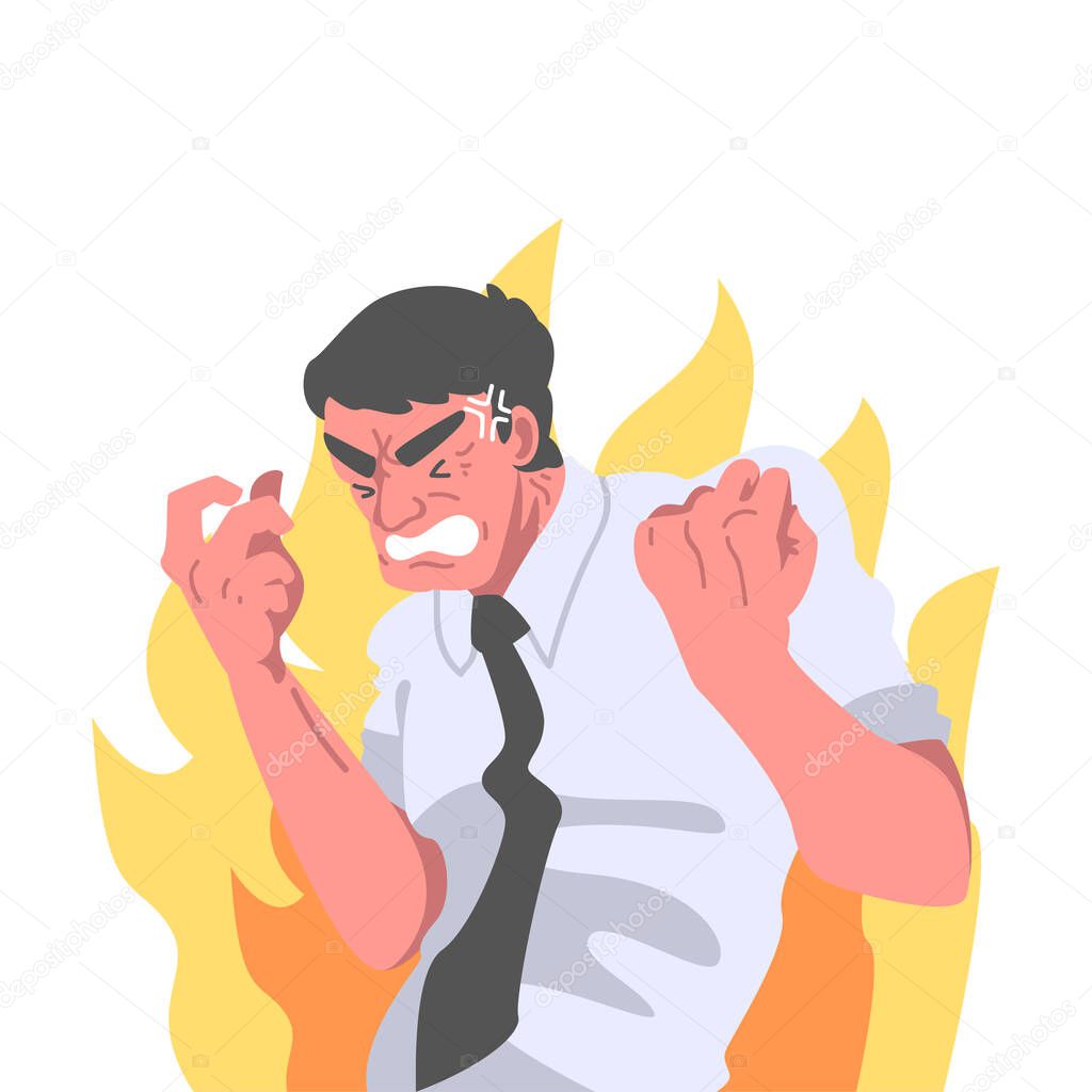 Furious Chief Screaming and Yelling in Anger with Burning Flame Behind Vector Illustration