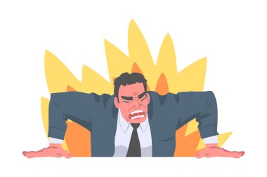 Öfkeli Şef Çığlık atıyor ve Öfkeyle Bağırıyor Vektör İllüzyonunun Ardında Yanan Alevler