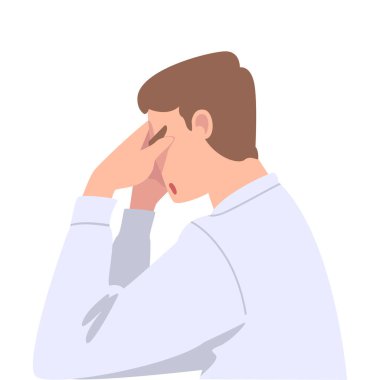 Hayal kırıklığına uğramış adam ofisi çalışanı yüzünü elleriyle kapatıyor Hayal kırıklığı ve utanç vektörü ilüzyonu sergiliyor