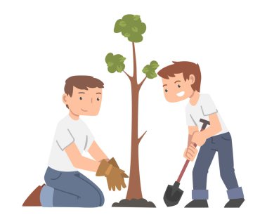 Kürekli Küçük Çocuk, Bahçıvanlık Bahçesinde Ağaç Dikme İllüstrasyonunda.