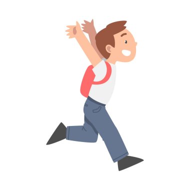 Sırt çantalı Küçük Çocuk Koşan ve Gülen Vektör İllüzyonu