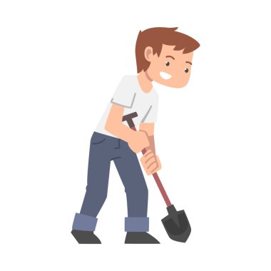 Kürekli Küçük Çocuk Okul Bahçesinde Vektör İllüzyonuna Bağlandı