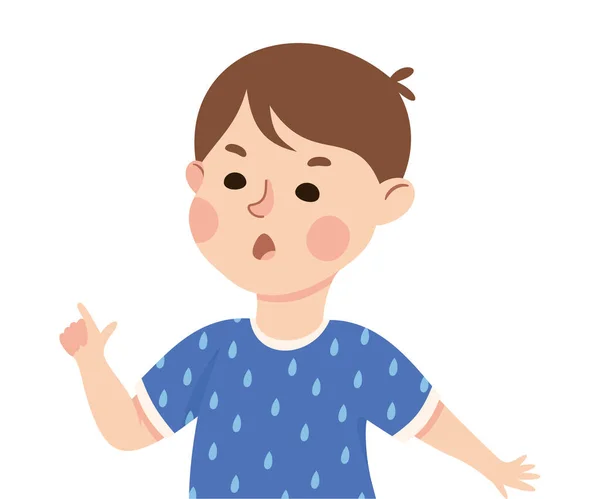 Little Boy demonstreert ontevredenheid als gezichtsuitdrukking en emotie fronsen en wijzen Vinger Vector Illustratie — Stockvector