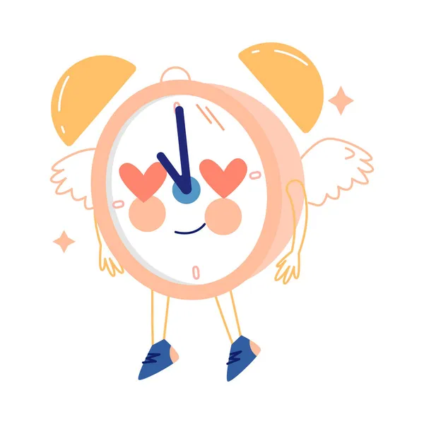 Funny Clock Character with Smiling Face Fluttering in Heaven with Wings and Heart in Eyes Vector Illustration — Stockový vektor