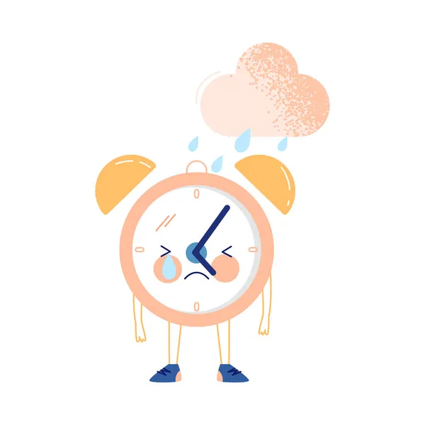 Śmieszny Zegar Postać z Płaczącą Twarz Stojąc Pod Deszczową Chmurą Wektor Ilustracja — Wektor stockowy