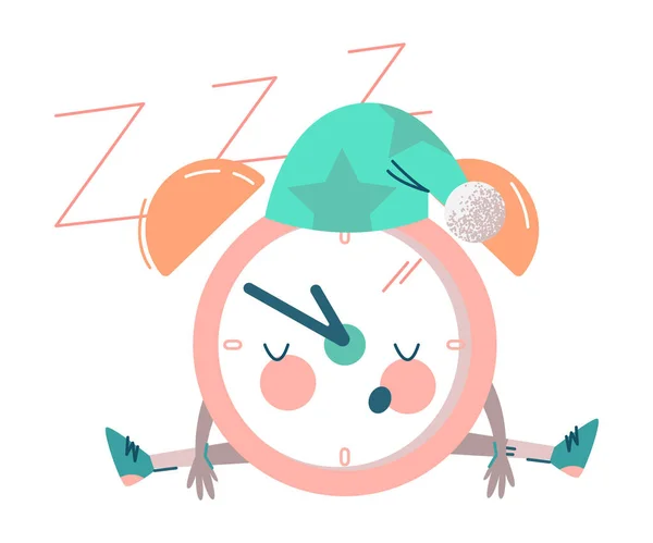 Carácter divertido del reloj en el gorro de noche Dormir y roncar Sentado en el suelo Vector Ilustración — Vector de stock